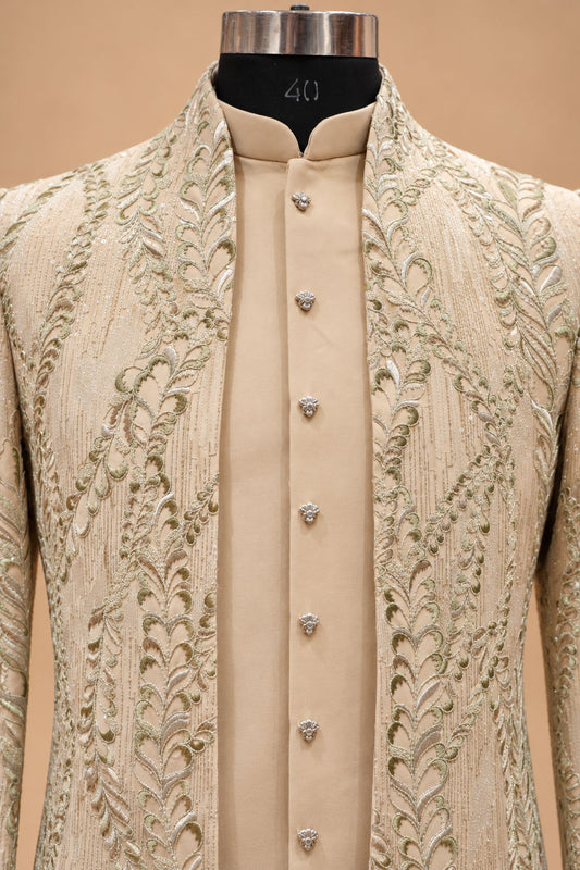 Beige Floral Embroidered Indo-Western Sherwani Set for Men with Kurta & Trousers – product view 2
