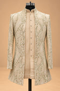 Beige Floral Embroidered Indo-Western Sherwani Set for Men with Kurta & Trousers – product view 3