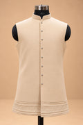 Beige Floral Embroidered Indo-Western Sherwani Set for Men with Kurta & Trousers – product view 4