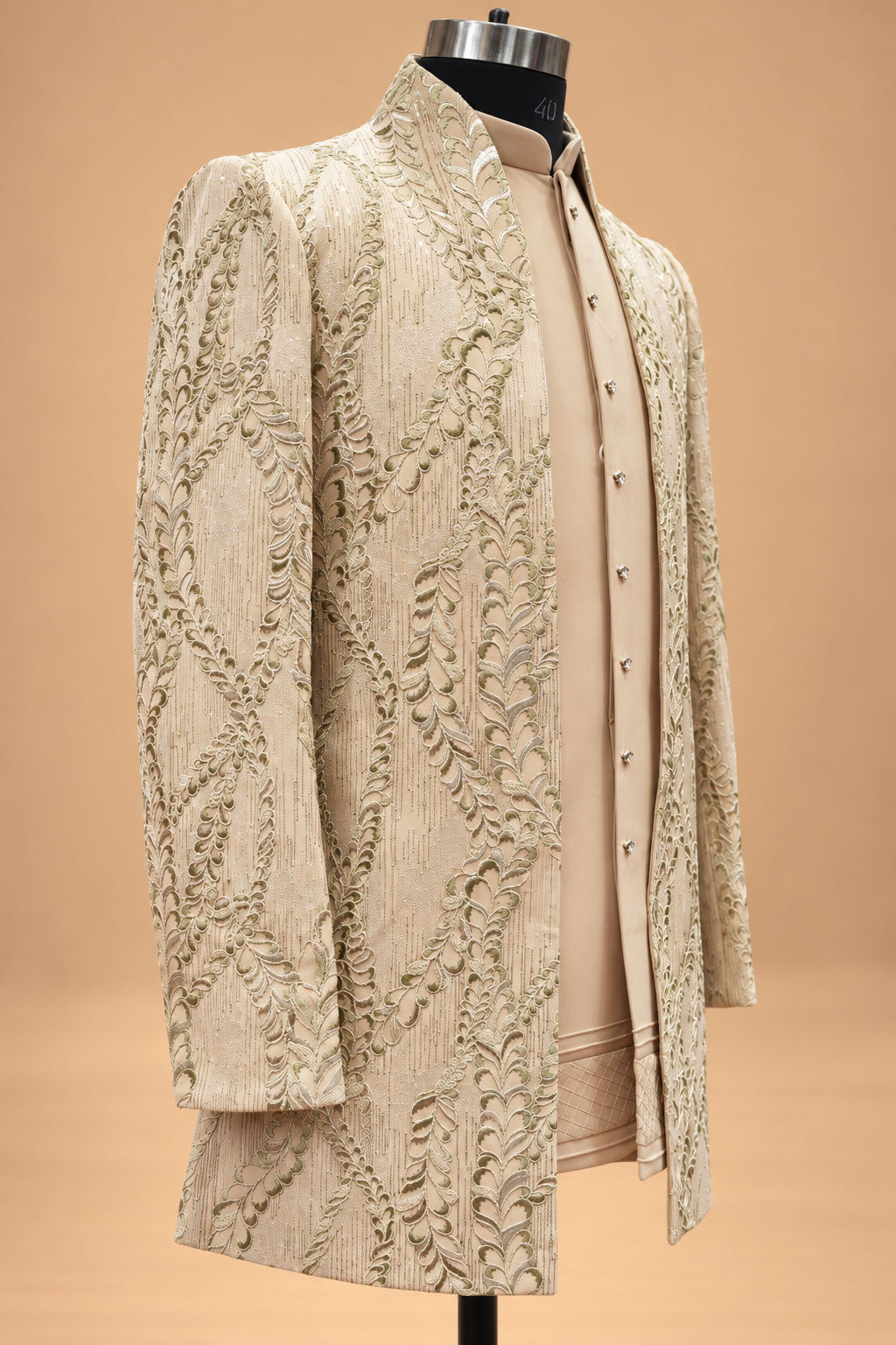Beige Floral Embroidered Indo-Western Sherwani Set for Men with Kurta & Trousers – product view 5