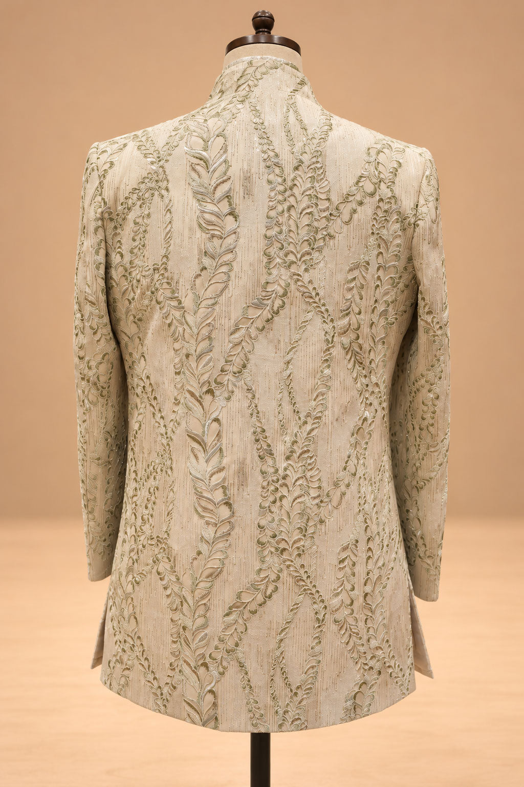 Beige Floral Embroidered Indo-Western Sherwani Set for Men with Kurta & Trousers – product view 6