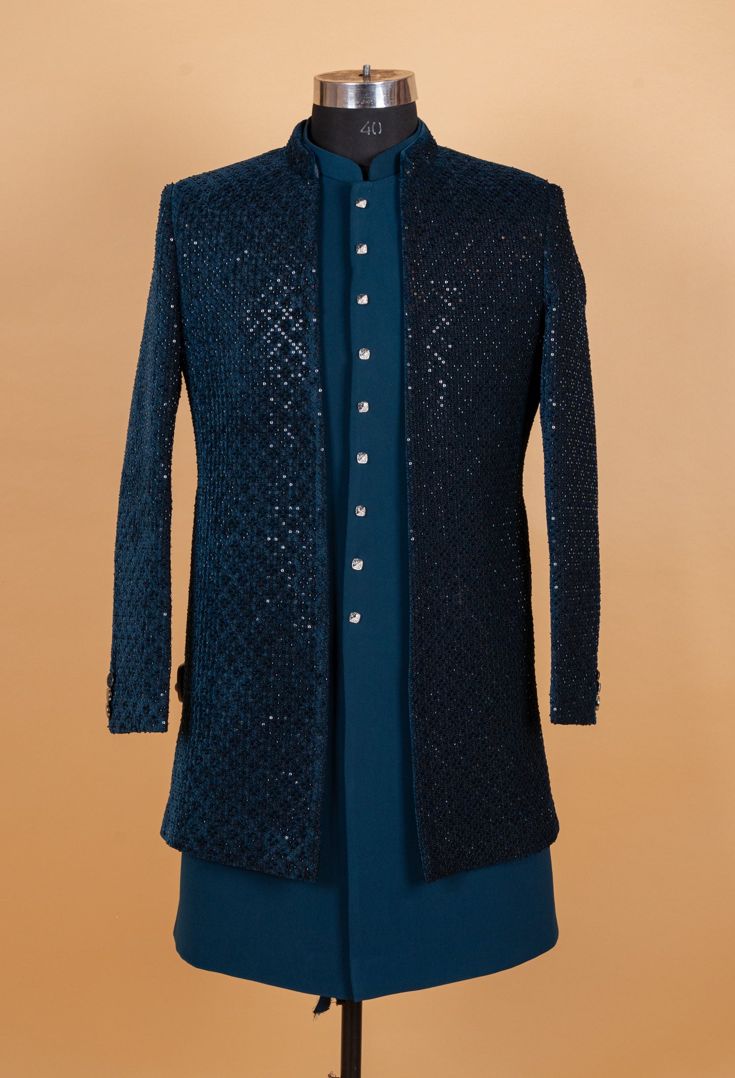 Midnight Teal Sequin Embroidered Indo-Western Sherwani Set for Men – Premium Wedding & Reception Wear