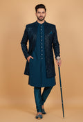 Midnight Teal Sequin Embroidered Indo-Western Sherwani Set for Men – Premium Wedding & Reception Wear