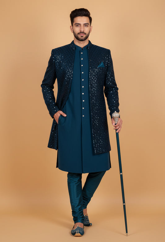 Midnight Teal Sequin Embroidered Indo-Western Sherwani Set for Men – Premium Wedding & Reception Wear