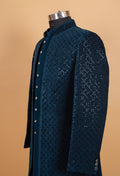 Midnight Teal Sequin Embroidered Indo-Western Sherwani Set for Men – Premium Wedding & Reception Wear