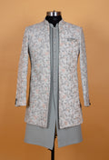 Pastel Grey Floral Embroidered Sherwani Set for Men – Designer Wedding & Reception Wear