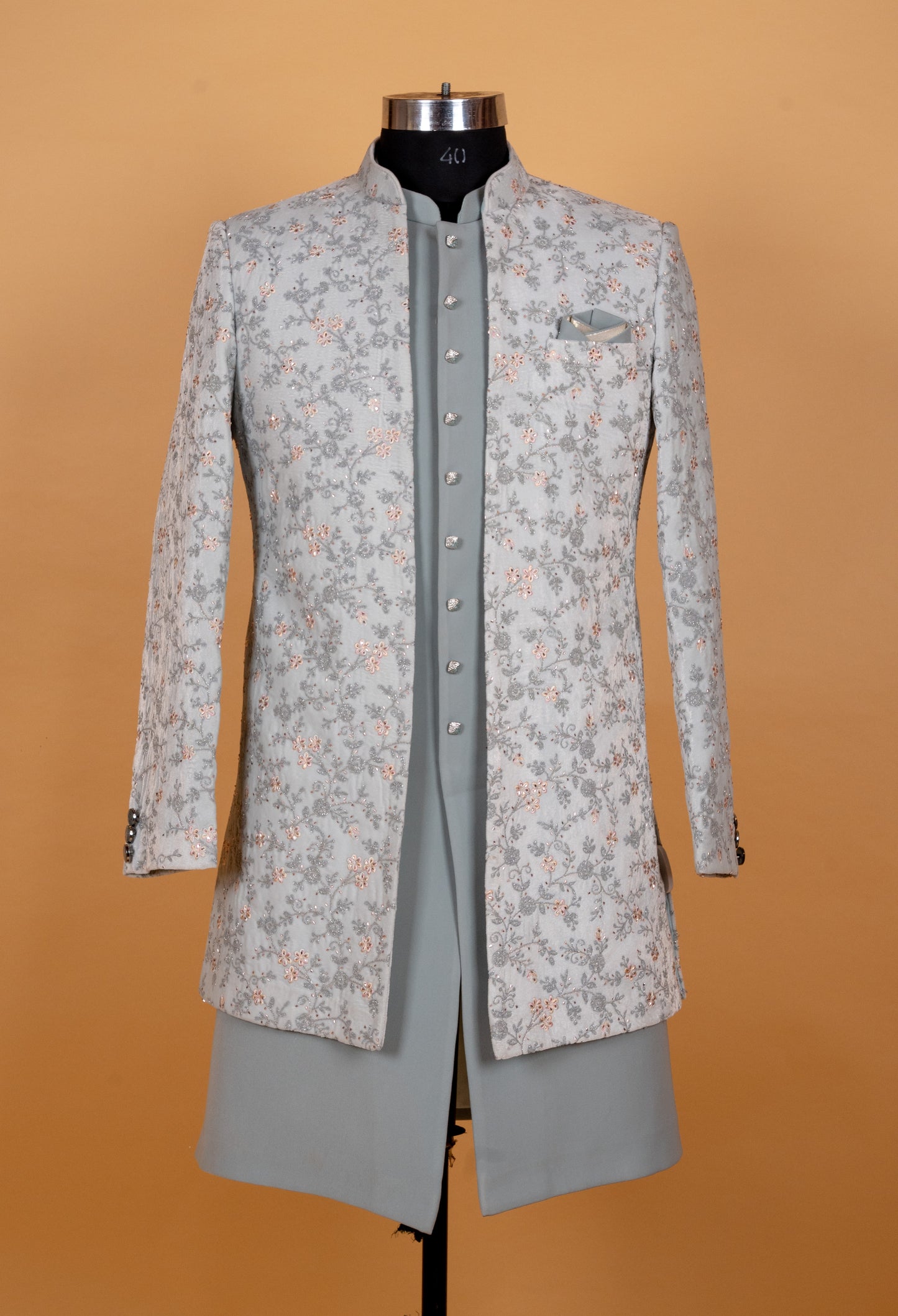 Pastel Grey Floral Embroidered Sherwani Set for Men – Designer Wedding & Reception Wear