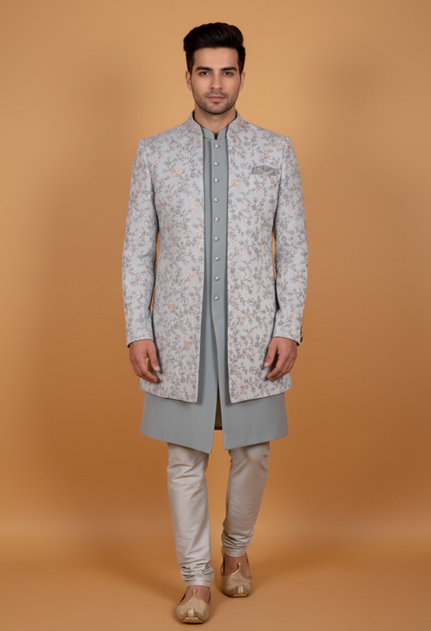 Pastel Grey Floral Embroidered Sherwani Set for Men – Designer Wedding & Reception Wear