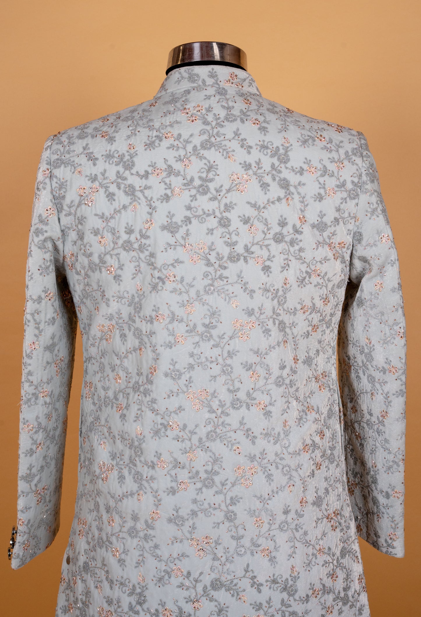 Pastel Grey Floral Embroidered Sherwani Set for Men – Designer Wedding & Reception Wear