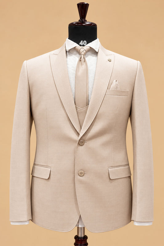 Premium Beige Men's Three-Piece Formal Suit with Tailored Blazer, Waistcoat & Matching Trousers