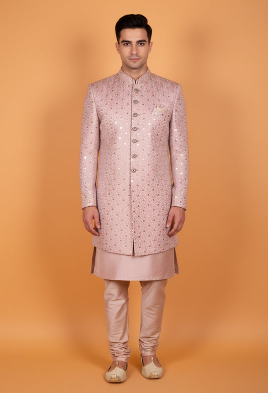 Blush Pink Embroidered Sherwani Set for Men – Premium Wedding & Reception Wear