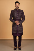Men’s Plum Indo-Western Sherwani with Zigzag Embroidery | Designer Wedding Outfit for Groom & Festive Wear