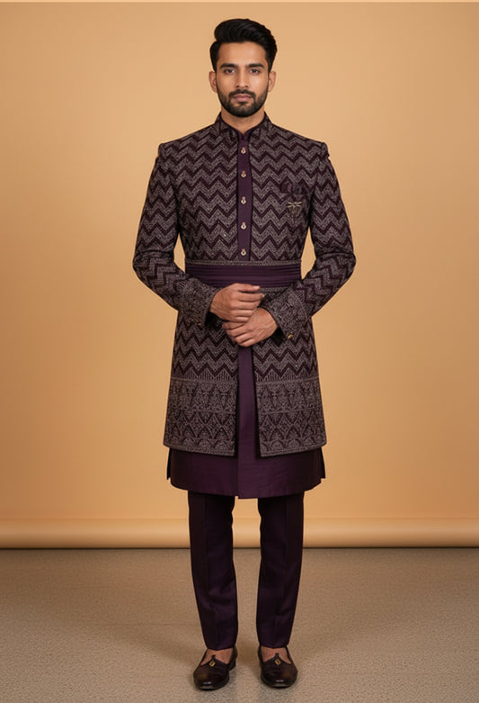 Men’s Plum Indo-Western Sherwani with Zigzag Embroidery | Designer Wedding Outfit for Groom & Festive Wear