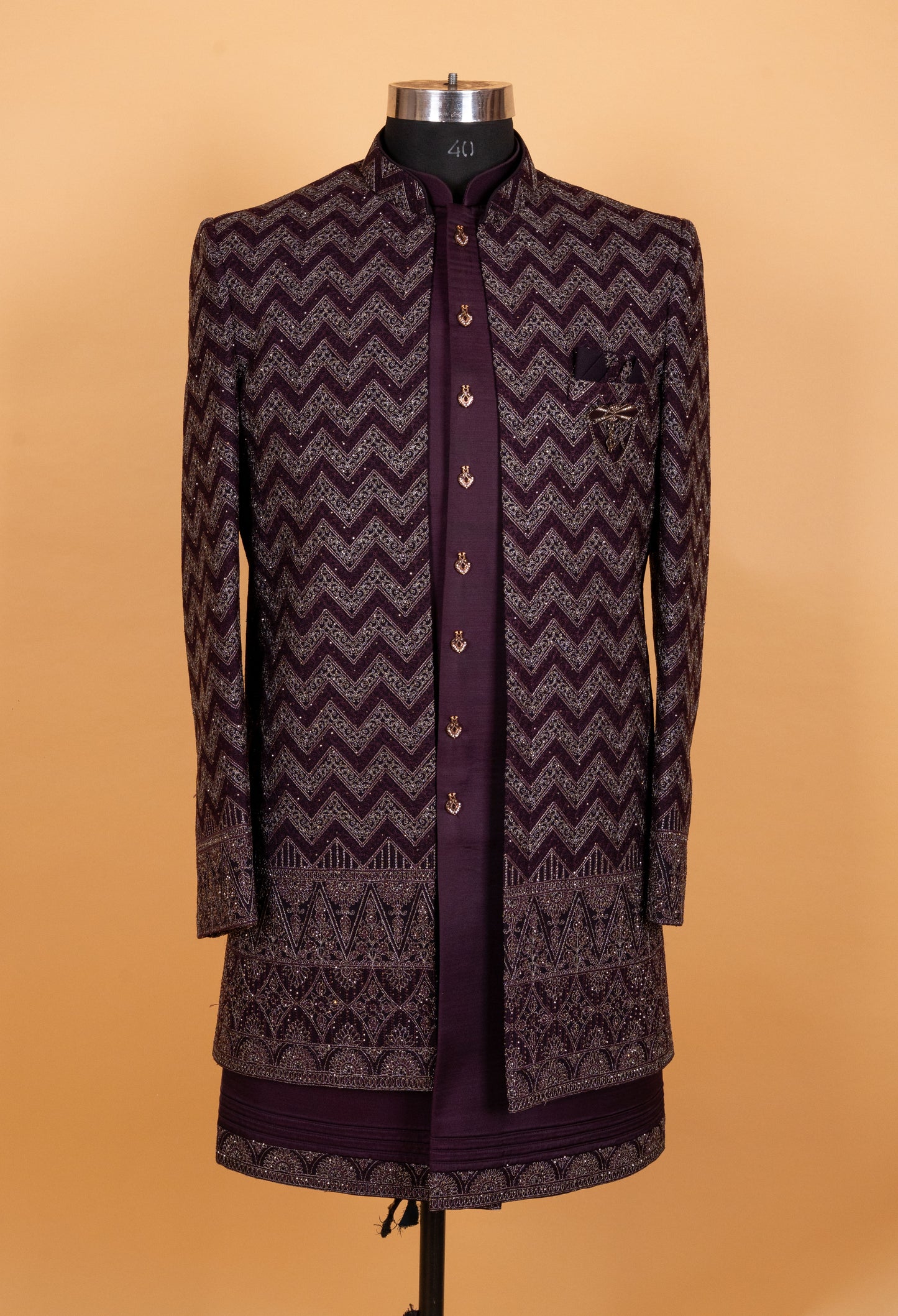 Men’s Plum Indo-Western Sherwani with Zigzag Embroidery | Designer Wedding Outfit for Groom & Festive Wear