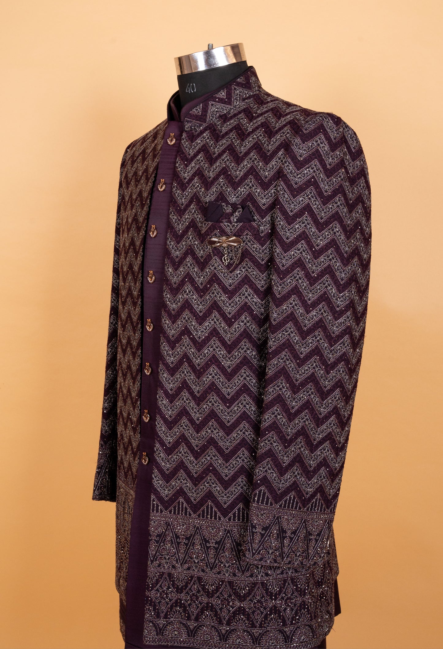 Men’s Plum Indo-Western Sherwani with Zigzag Embroidery | Designer Wedding Outfit for Groom & Festive Wear