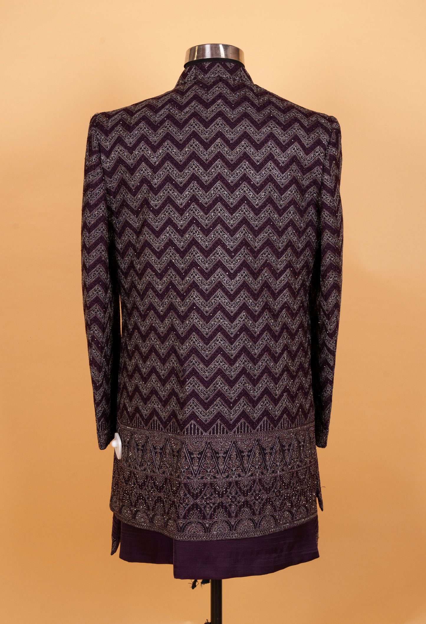 Men’s Plum Indo-Western Sherwani with Zigzag Embroidery | Designer Wedding Outfit for Groom & Festive Wear