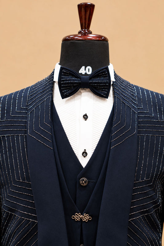 Premium Navy Blue Geometric Pattern Men's Designer Three-Piece Tuxedo Suit with Layered Lapel Detailing