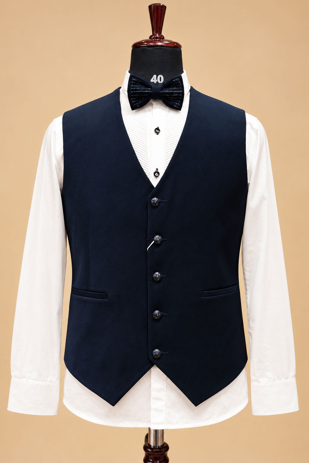 Premium Navy Blue Geometric Pattern Men's Designer Three-Piece Tuxedo Suit with Layered Lapel Detailing