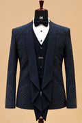Premium Navy Blue Geometric Pattern Men's Designer Three-Piece Tuxedo Suit with Layered Lapel Detailing