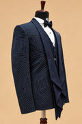 Premium Navy Blue Geometric Pattern Men's Designer Three-Piece Tuxedo Suit with Layered Lapel Detailing