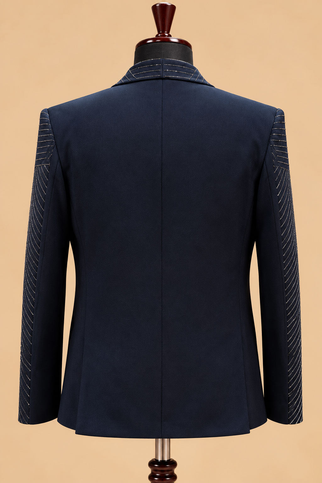 Premium Navy Blue Geometric Pattern Men's Designer Three-Piece Tuxedo Suit with Layered Lapel Detailing