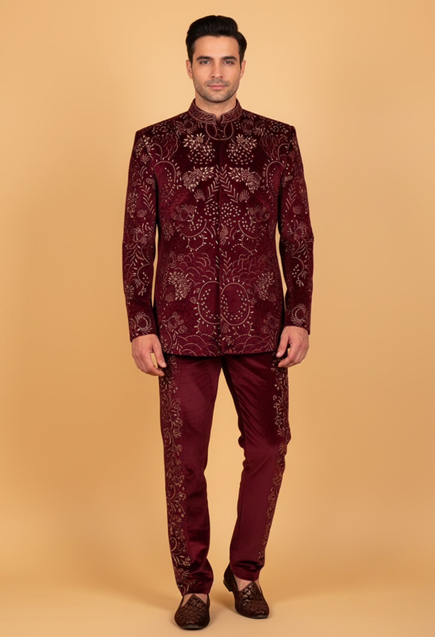 Royal Maroon Embroidered Indo-Western Suit for Men – Luxury Wedding & Reception Wear