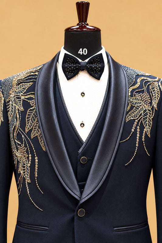 Premium Navy Blue Men's Three-Piece Tuxedo Suit with Gold Floral Embroidery and Satin Shawl Lapel