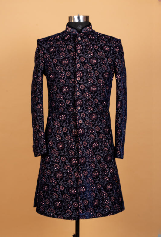 Midnight blue floral embroidered sherwani for men – product image 2
