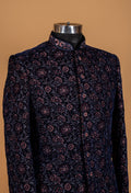 Midnight Blue Floral Embroidered Sherwani for Men – Designer Wedding & Reception Wear