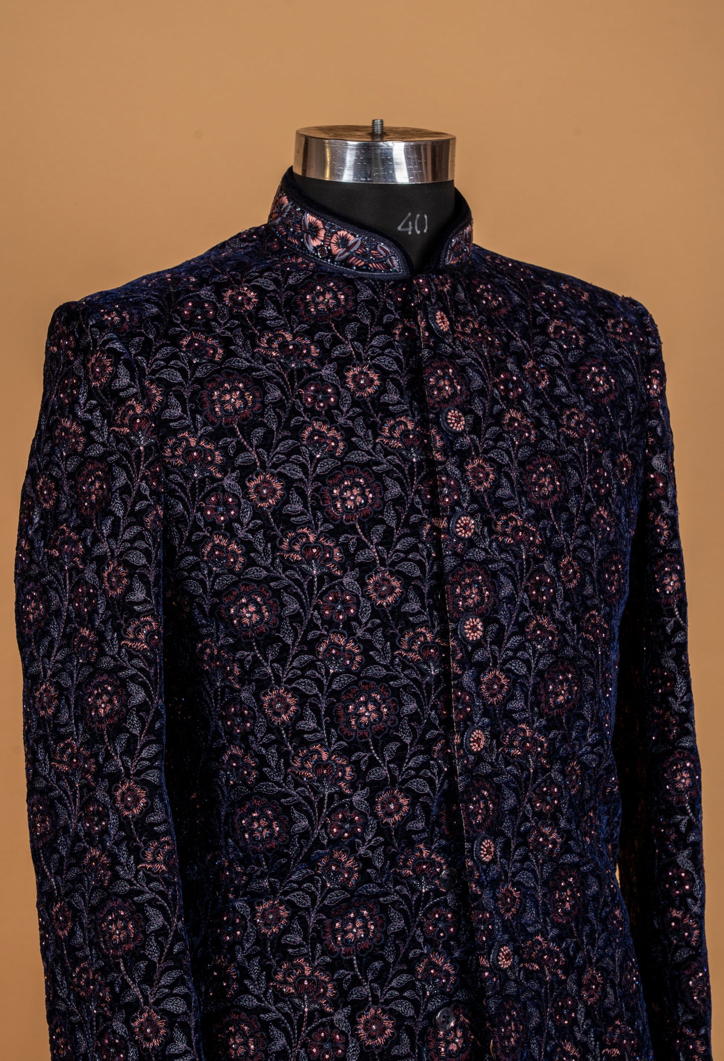 Midnight Blue Floral Embroidered Sherwani for Men – Designer Wedding & Reception Wear