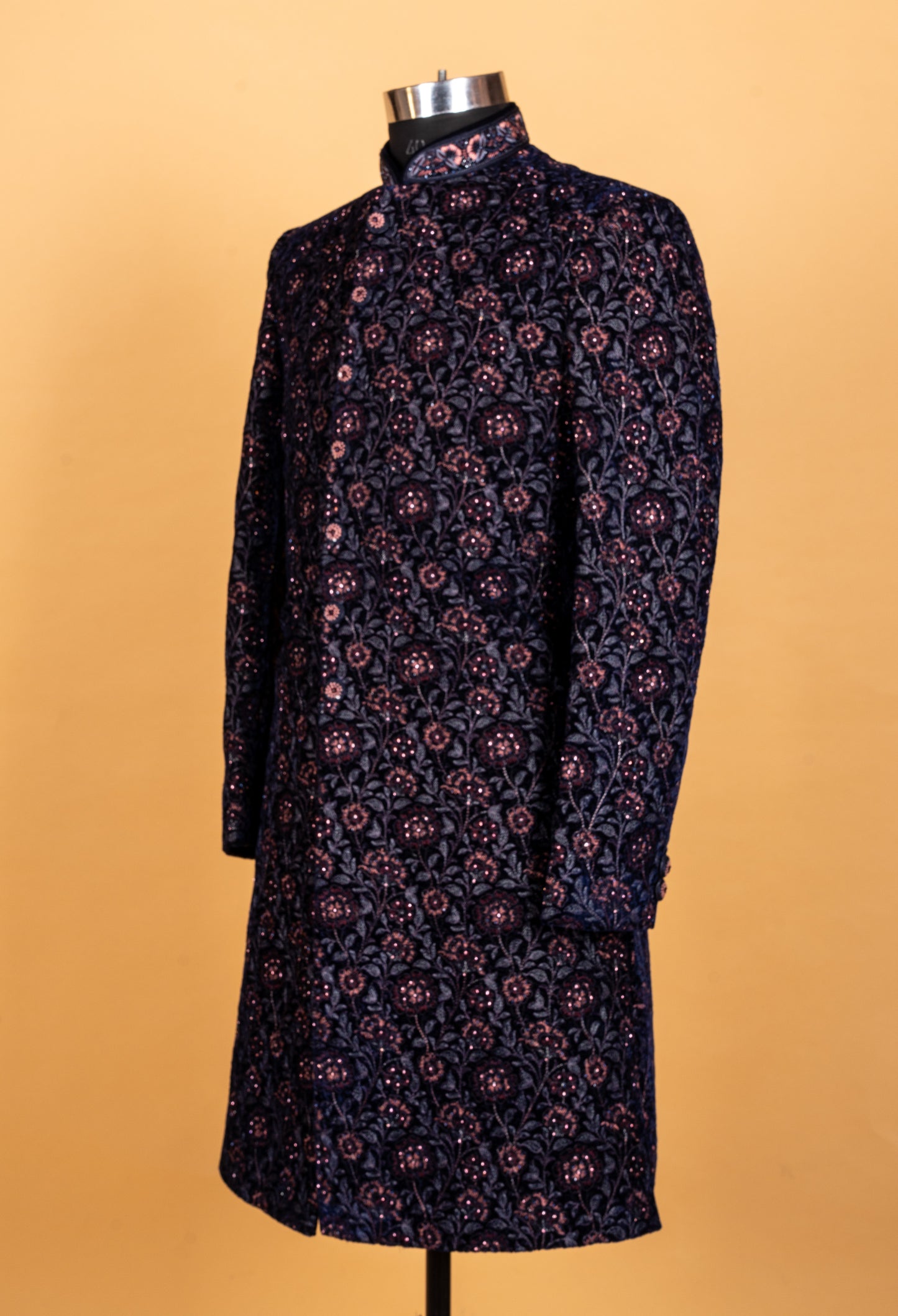 Midnight Blue Floral Embroidered Sherwani for Men – Designer Wedding & Reception Wear