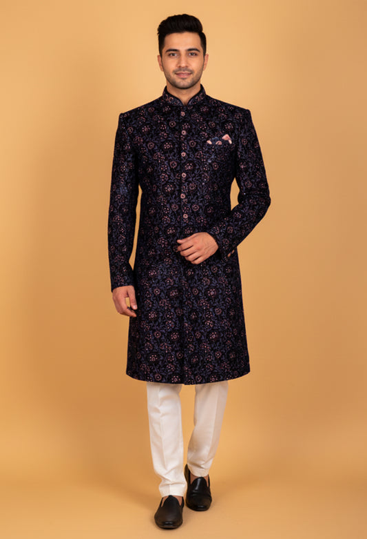 Midnight Blue Floral Embroidered Sherwani for Men – Designer Wedding & Reception Wear