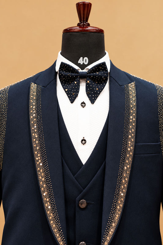 Premium Navy Blue Men's Three-Piece Tuxedo Suit with Gold Embellished Shawl Lapel and Designer Detailing