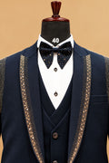 Premium Navy Blue Men's Three-Piece Tuxedo Suit with Gold Embellished Shawl Lapel and Designer Detailing