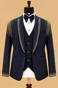 Premium Navy Blue Men's Three-Piece Tuxedo Suit with Gold Embellished Shawl Lapel and Designer Detailing
