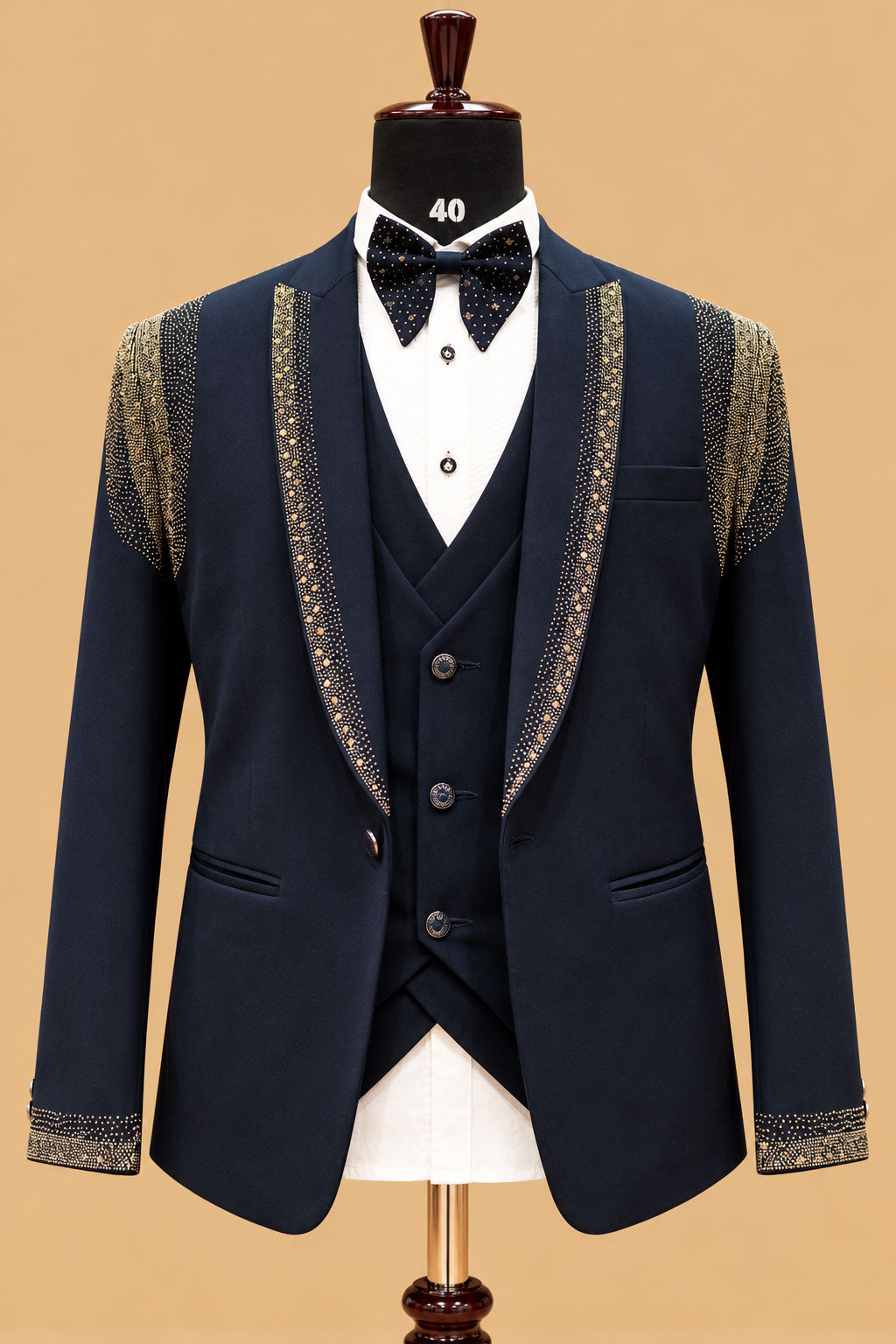 Premium Navy Blue Men's Three-Piece Tuxedo Suit with Gold Embellished Shawl Lapel and Designer Detailing