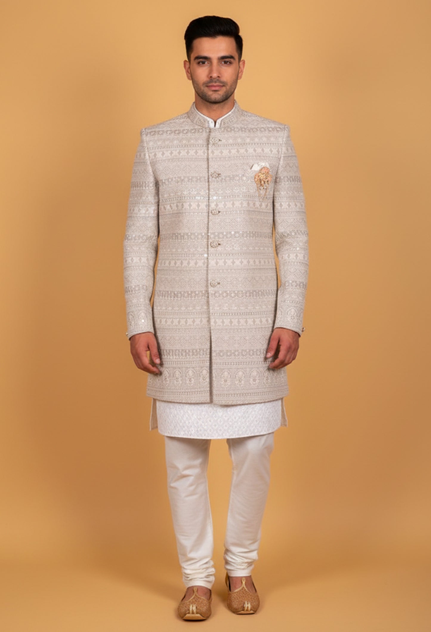 Ivory Beige Embroidered Sherwani Set for Men – Premium Wedding & Groom Wear