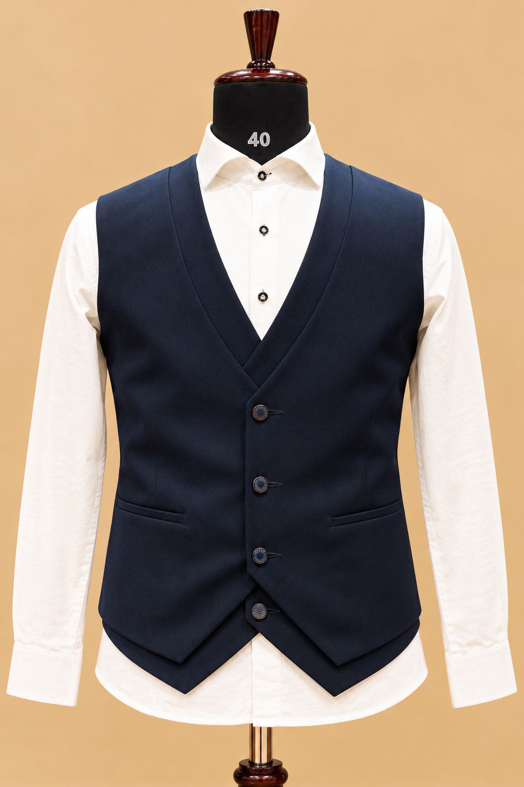 Premium Navy Blue Men's Three-Piece Tuxedo Suit with Gold Embellished Shawl Lapel and Designer Detailing