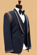 Premium Navy Blue Men's Three-Piece Tuxedo Suit with Gold Embellished Shawl Lapel and Designer Detailing