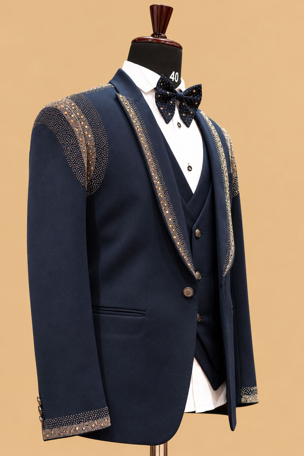 Premium Navy Blue Men's Three-Piece Tuxedo Suit with Gold Embellished Shawl Lapel and Designer Detailing