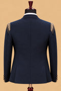 Premium Navy Blue Men's Three-Piece Tuxedo Suit with Gold Embellished Shawl Lapel and Designer Detailing