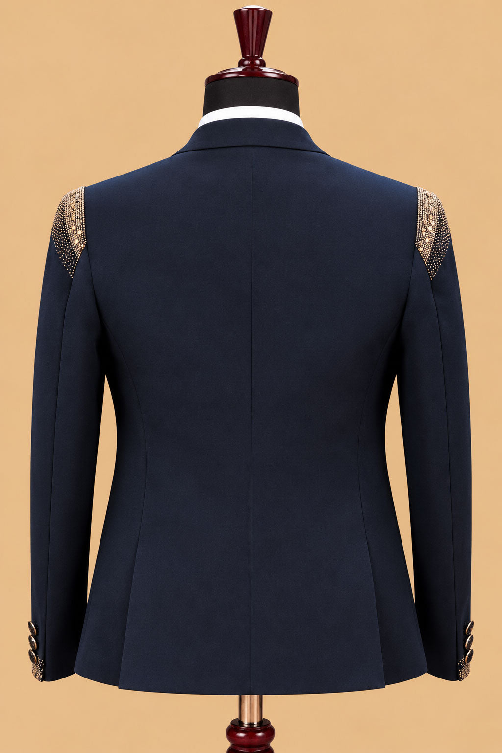 Premium Navy Blue Men's Three-Piece Tuxedo Suit with Gold Embellished Shawl Lapel and Designer Detailing