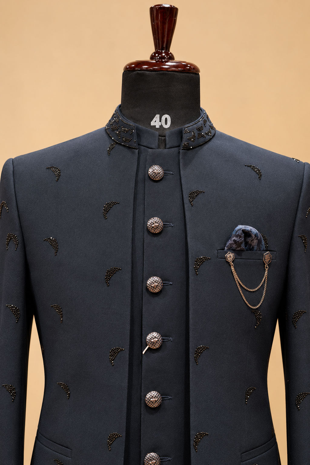 Premium Navy Blue Men's Designer Indo-Western Sherwani Suit with Black Embellished Floral Detailing