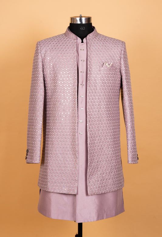 Dusty rose embroidered Indo-Western sherwani set for men – product image 2