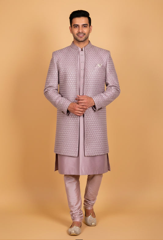 Dusty Rose Embroidered Indo-Western Sherwani Set for Men – Designer Wedding & Reception Wear