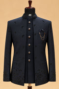 Premium Navy Blue Men's Designer Indo-Western Sherwani Suit with Black Embellished Floral Detailing