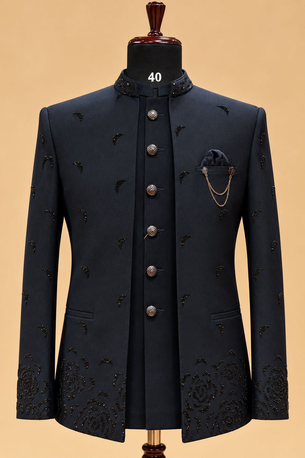 Premium Navy Blue Men's Designer Indo-Western Sherwani Suit with Black Embellished Floral Detailing