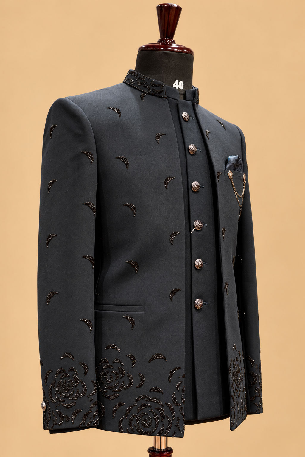 Premium Navy Blue Men's Designer Indo-Western Sherwani Suit with Black Embellished Floral Detailing