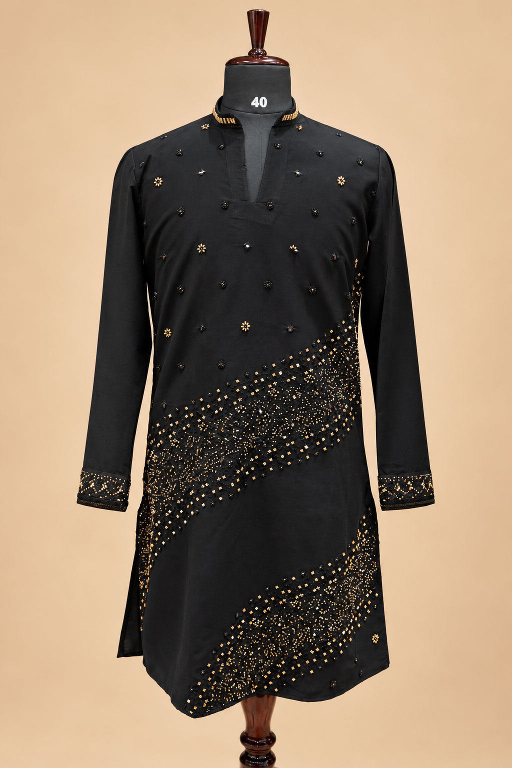Black and Gold Embellished Men's Kurta Pant Set with Diagonal Ornamental Detailing