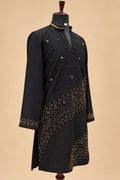 Black and Gold Embellished Men's Kurta Pant Set with Diagonal Ornamental Detailing